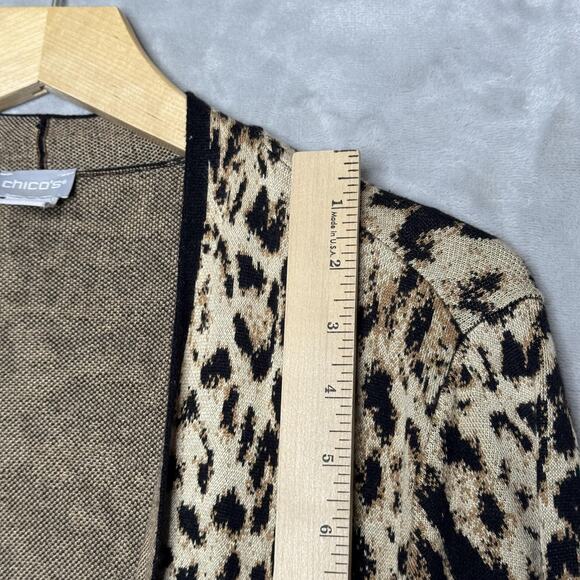 Chico's Sweater Womens Large Tan Black Leopard Print Open Front Cardigan Pockets - Picture 7 of 8